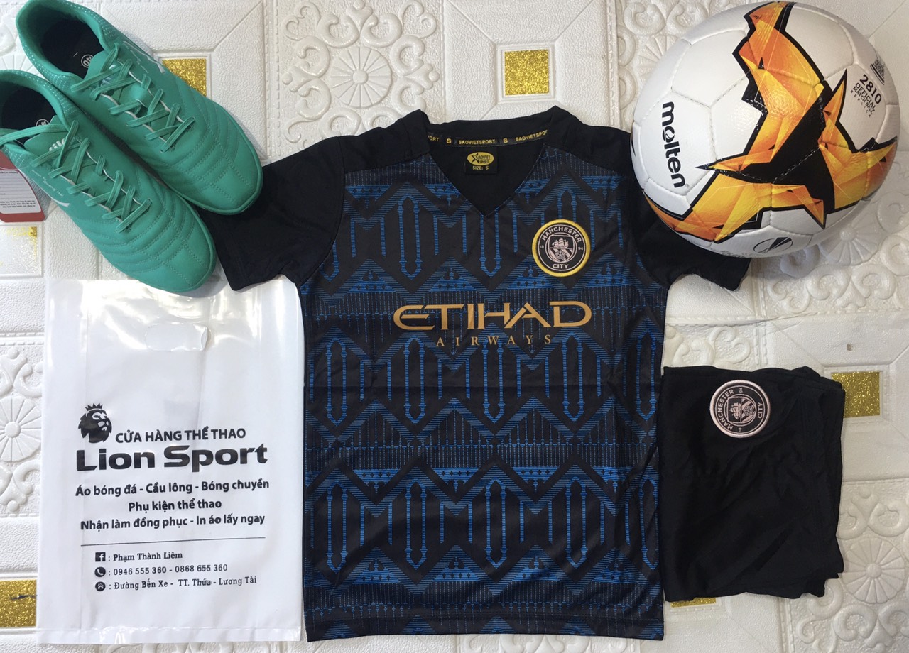 [ẢNH THẬT] Bộ quần áo đá bóng trẻ em, đá banh trẻ em CLB MANCHESTER CITY màu ĐEN mới nhất, thun lạnh cao cấp Lion Sport