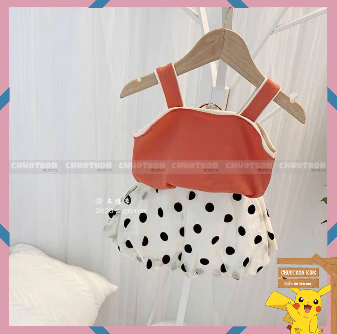 Bộ đồ bé gái áo hai dây quần chấm bi dễ thương