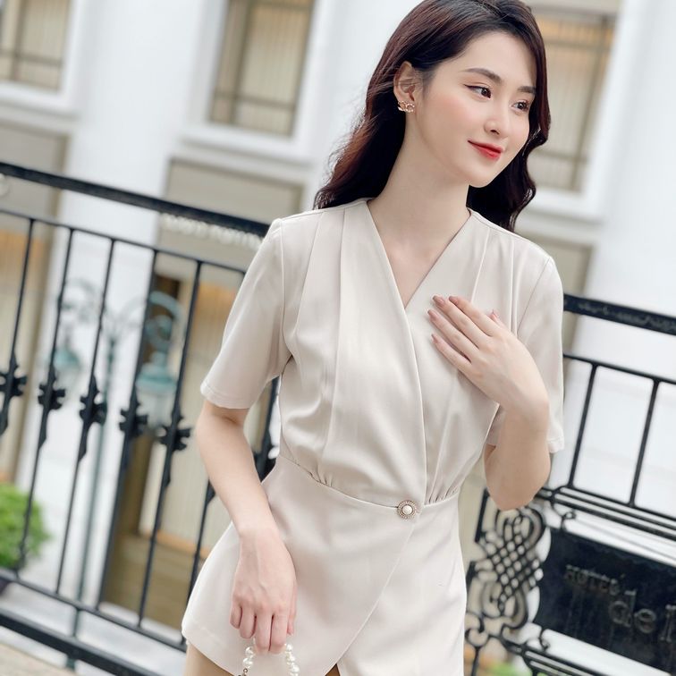 Beautebyv - áo sơmi nữ đắp vạt nhún cách điệu flare