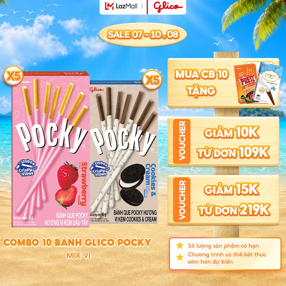 Combo 10 hộp Happy Set E Bánh Snack Que Phủ Kem Glico Pocky (5 Dâu - 5 Cookies  Cream)