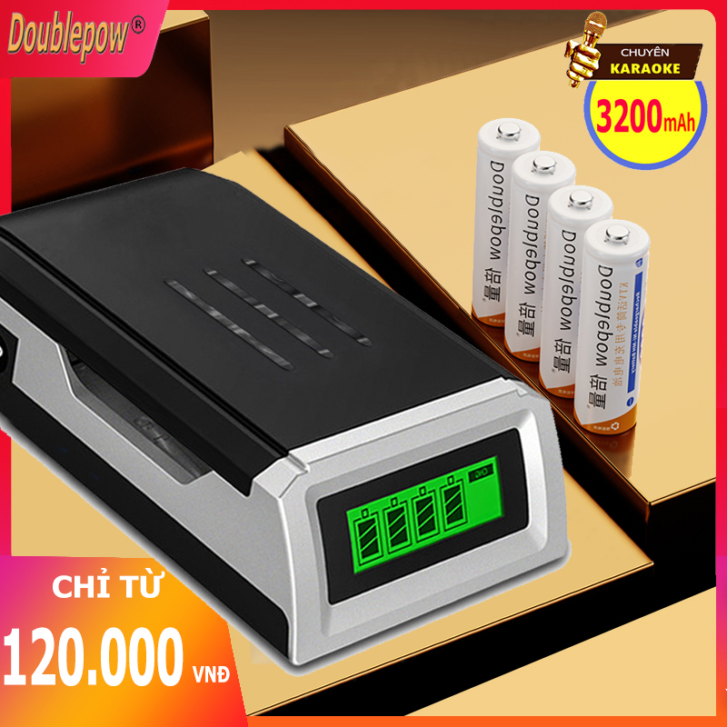 [Nhiều phân loại] Bộ sạc thông minh K209 (Đen) và pin KTV AA 3200mAh (pin chuyên dùng Micro - Karaoke) chính hãng Doublepow