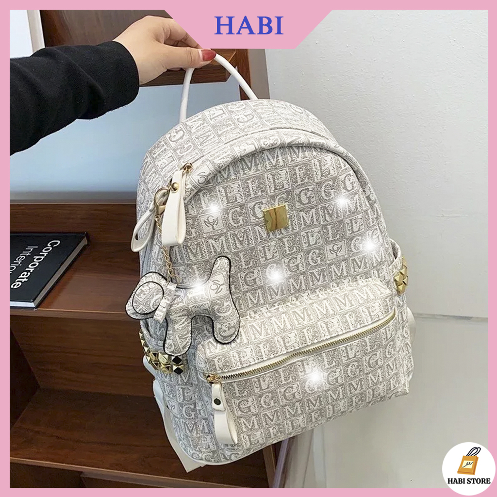 Balo đi học đi du lịch tặng kèm móc gấu size 40 hai màu xám nâu, Balo đinh thời trang đi học M190