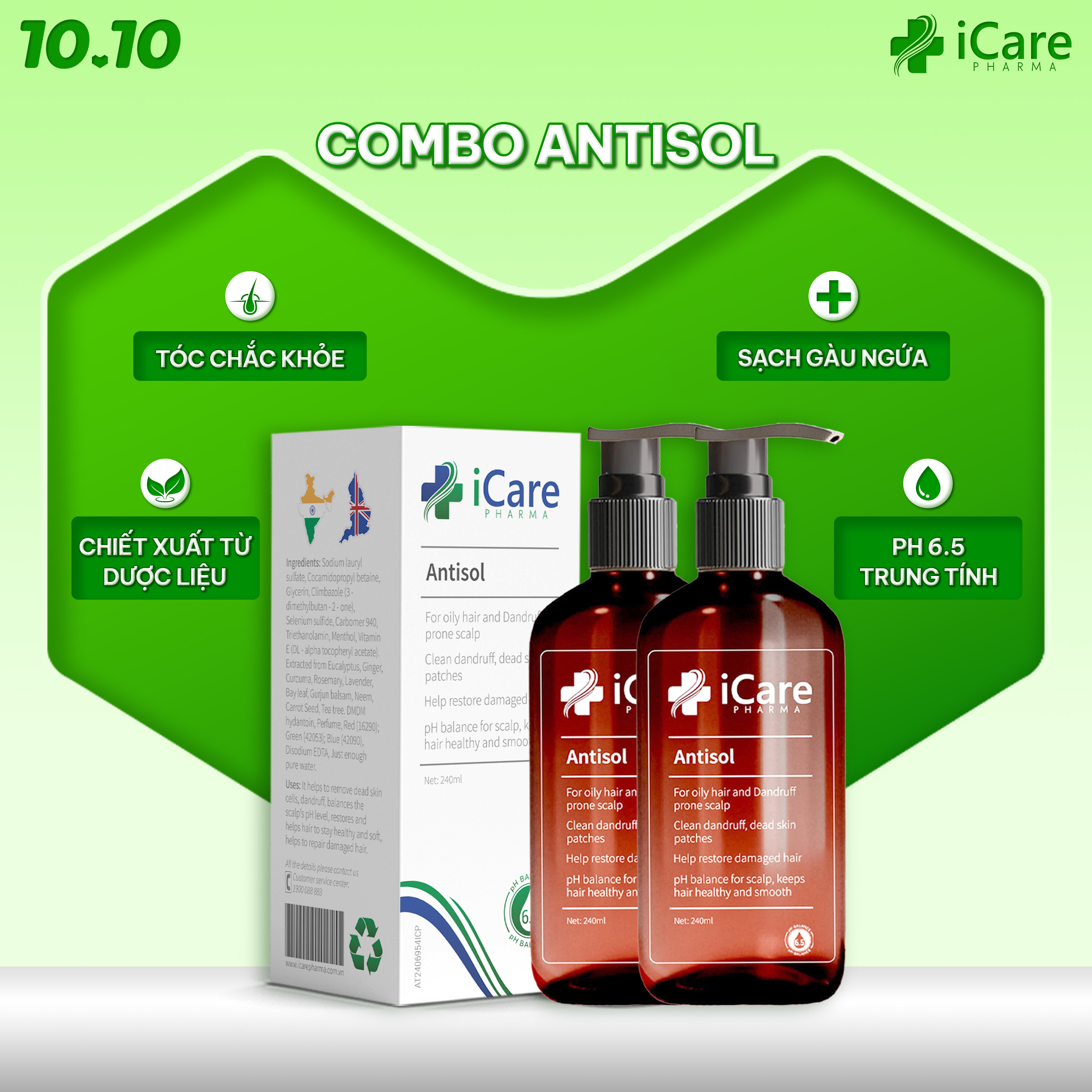 Combo 2 Chai Dầu Gội Sạch Gàu Nấm Ngứa Da Đầu Antisol Thương Hiệu iCare Pharma