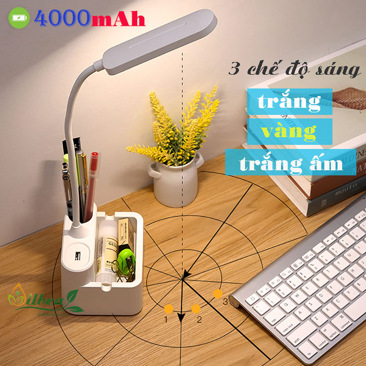Đèn học để bàn chống cận sạc pin SL-868 4000mAh với 3 chế độ ánh sáng trắng, vàng và trắng ấm điều chỉnh được độ sáng