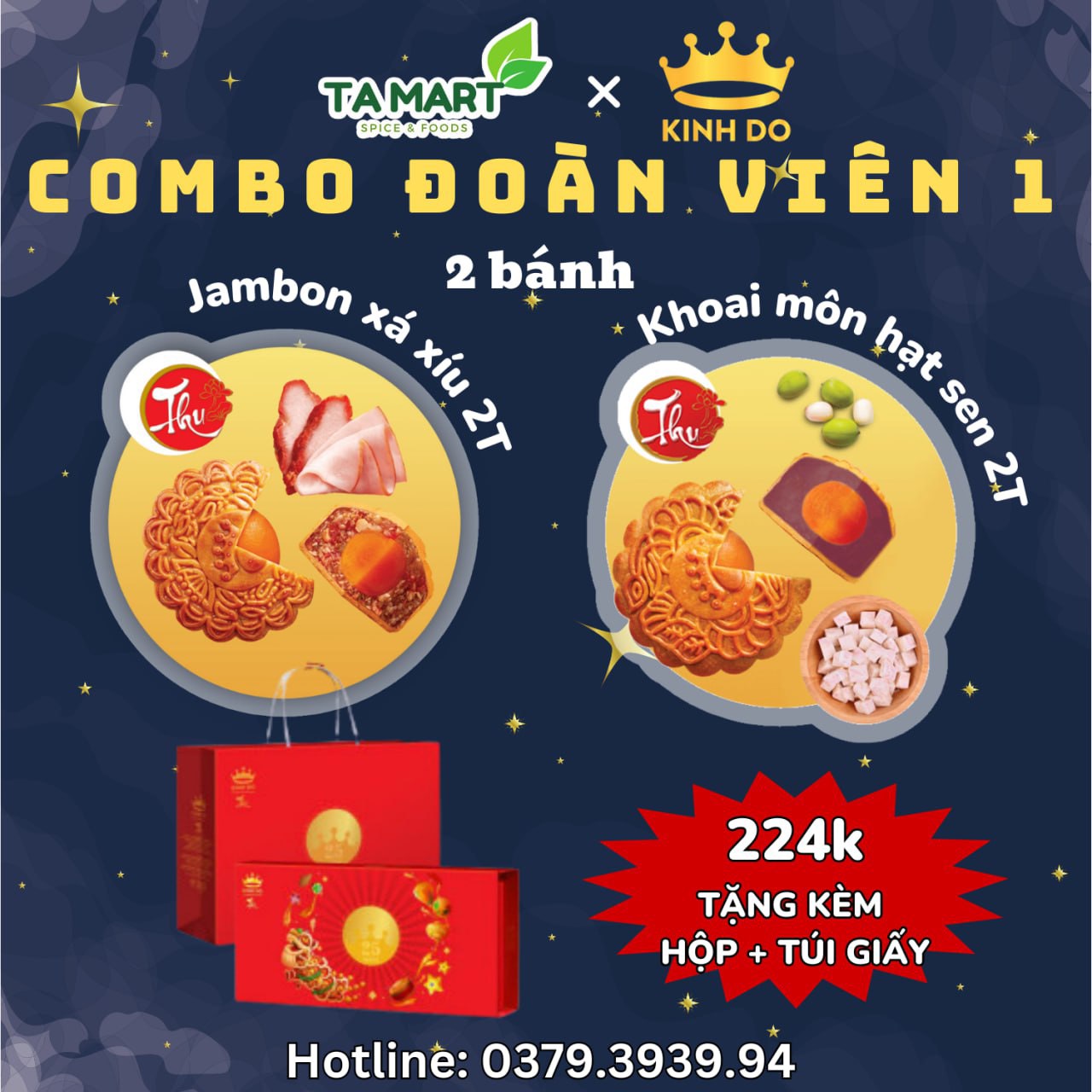 Combo 2 bánh trung thu kinh đô đoàn viên - tặng kèm hộp + túi giấy