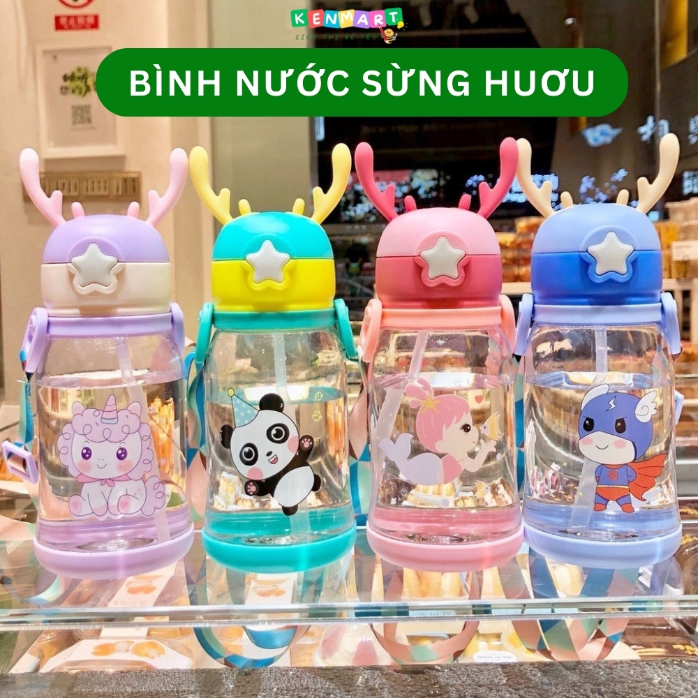 Bình nước cho bé 600ml sừng hươu tuần lộc có dây đeo, bình nước nhựa đi học cute cho bé trai và bé gái
