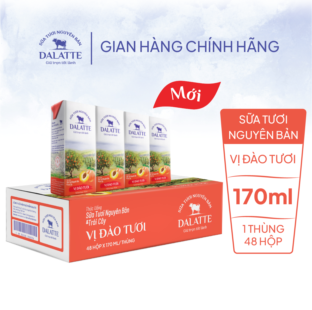 Thùng 48 hộp DALATTE 170ml Thức uống SỮA TƯƠI NGUYÊN BẢN & TRÁI CÂY - Vị đào tươi