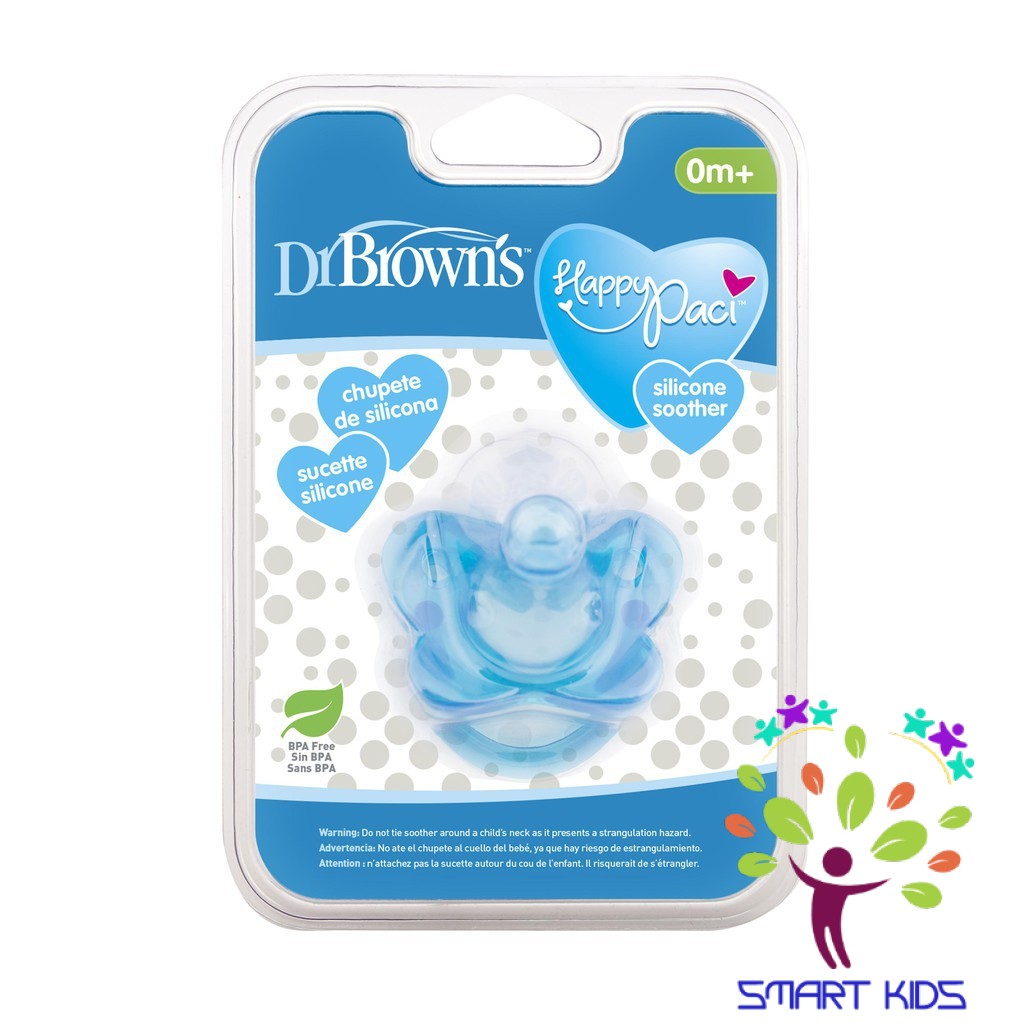 Ty ngậm Dr Brown's siêu mềm đầu tròn Happy Paci- màu xanh, hồng dành cho bé 0 tháng trở lên