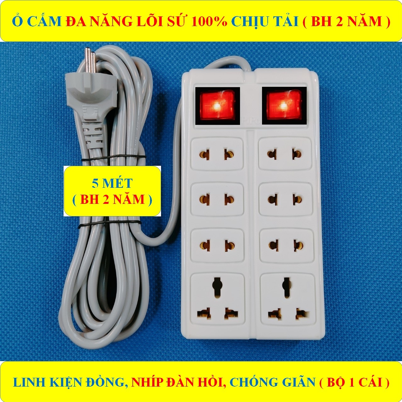 Ổ cắm điện ĐA NĂNG liền dây CHỊU TẢI CAO + BH 2 NĂM + Dây dài 5 mét + 2 Công tắc + 8 Ổ cắm đa năng LÕI SỨ chịu tải, chịu nhiệt HÀNG LOẠI 1 cao cấp (bộ 1 sản phẩm)