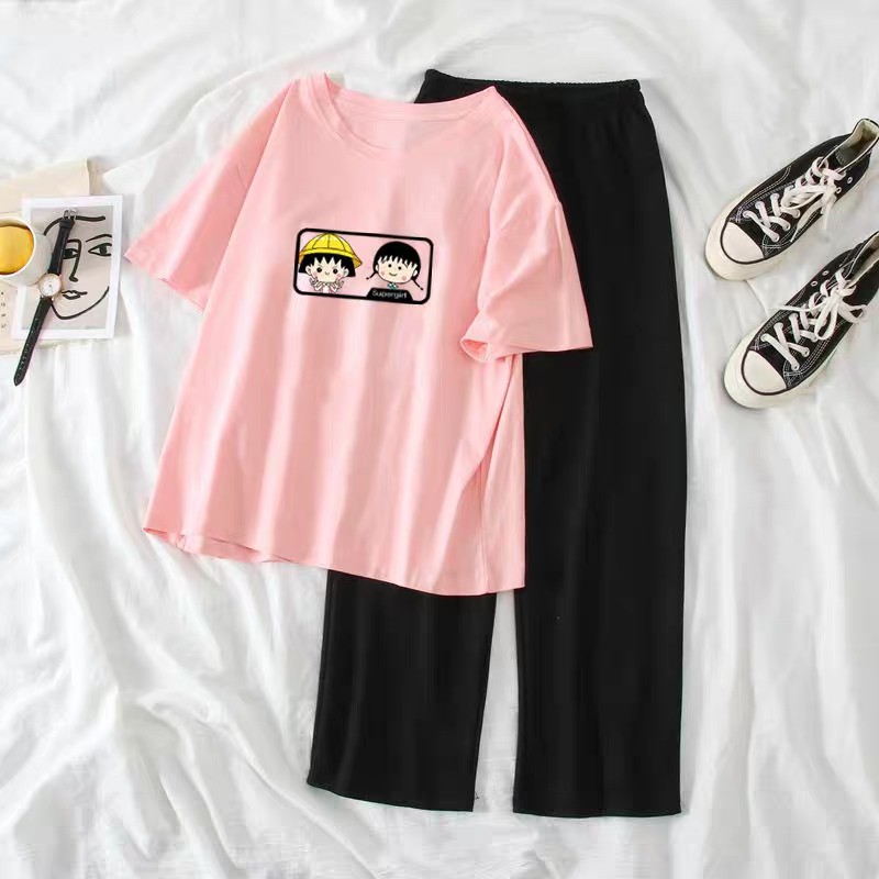[HAN HAN SHOP 234] Sét Bộ Đồ Nữ Mặc Đi Chơi Xinh Cute, Áo Phông Cotton Mát Mịn In Hai Bé Kèm Quần Rộng Sạn