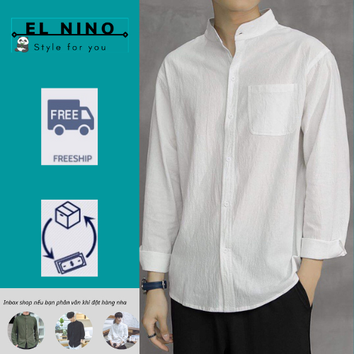 Áo sơ mi cổ tàu dài tay, sơ mi vải đũi xước thoáng mát, sơ mi nam túi ngực 3 màu đen,trắng,rêu smct01 el nino