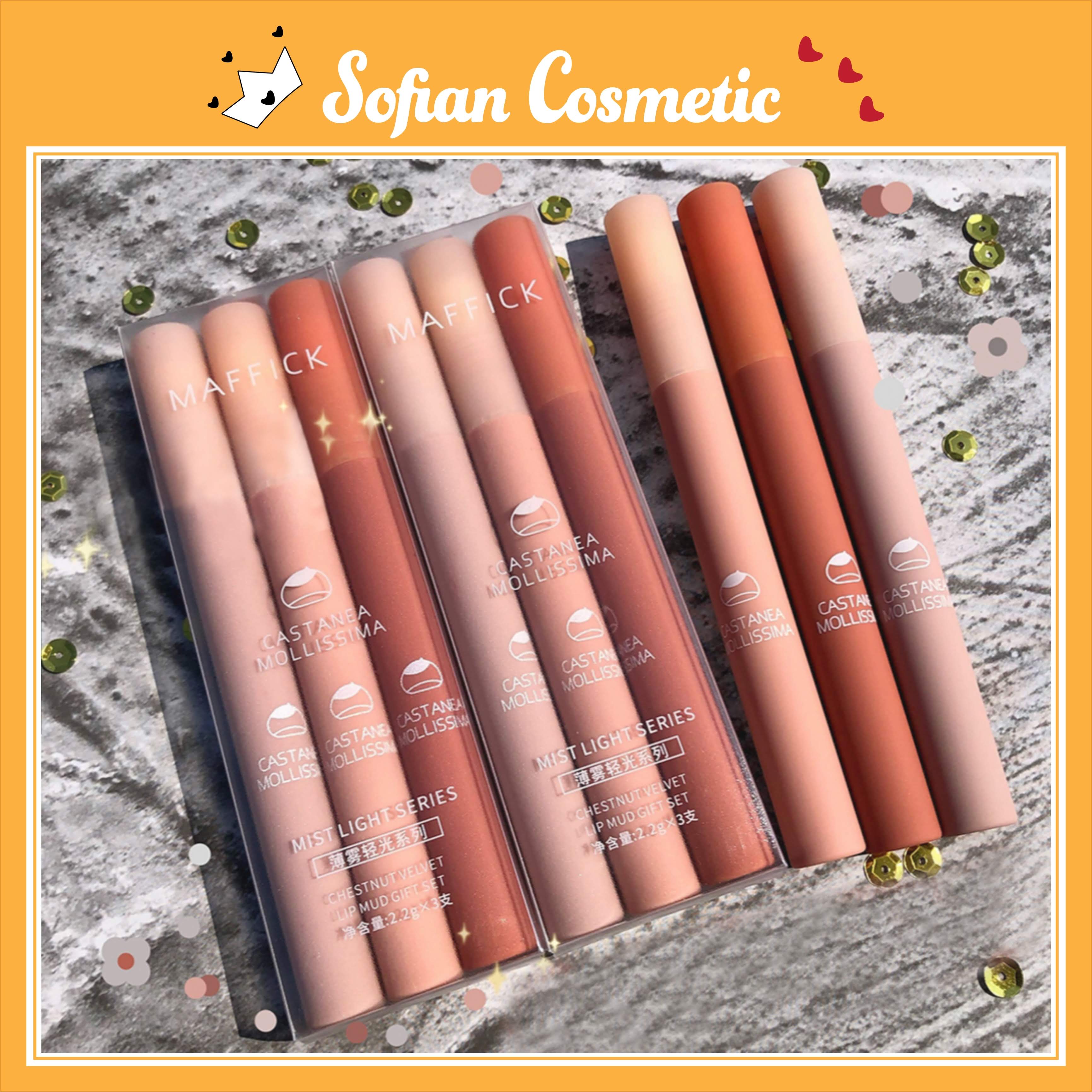 MAFFICK - Set 3 son kem lì nội địa Trung Maffick Castanea Mollissima Chestnut Velvet Lip Mud siêu lì, mềm mượt mịn - Sofian Cosmetic
