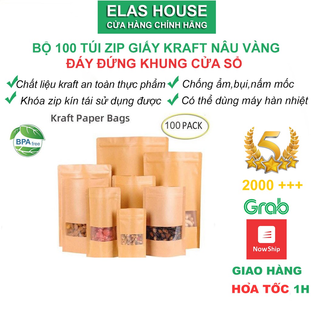 Túi zip đựng thực phẩm,50 chiếc túi zip giấy kraft đáy đứng có cửa sổ vàng,túi zipper mini nâu