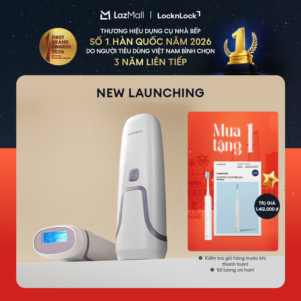 Máy Triệt Lông Lạnh Sapphire LocknLock ENC312, Ánh Sáng Kép 5 Mức Cường Độ, 4 Chế Độ bằng công nghệ Sapphire Cooling, Triệt Lông Tại Nhà