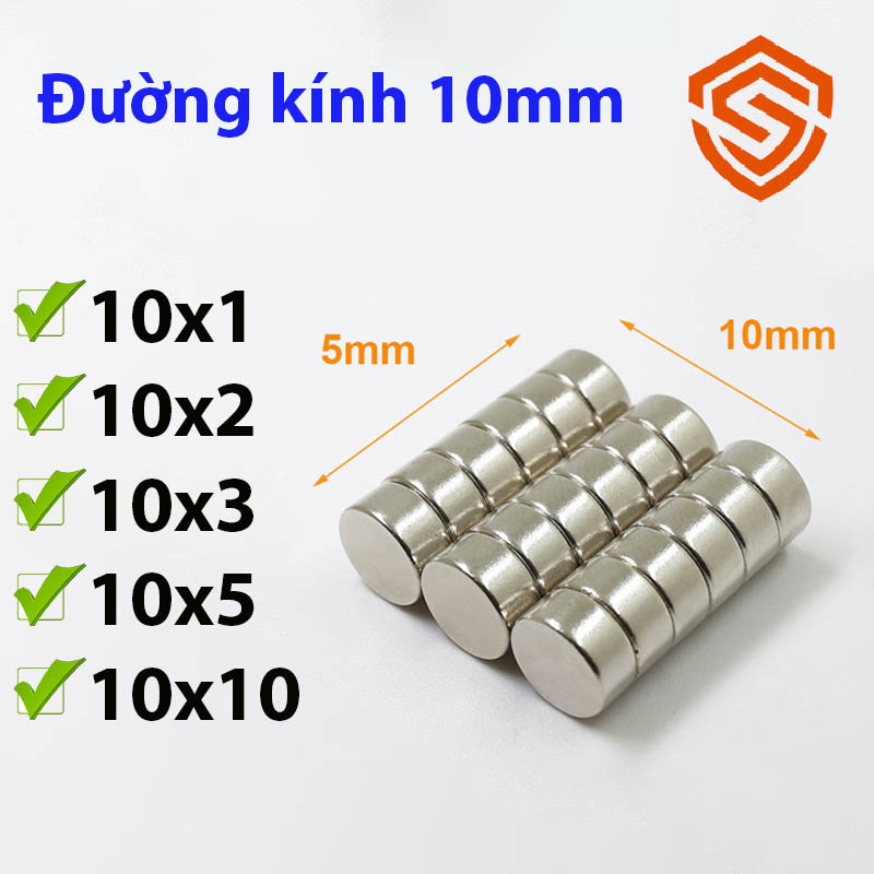 Nam châm viên tròn 10x1/2/3/5/10mm mạ Niken lực từ N35