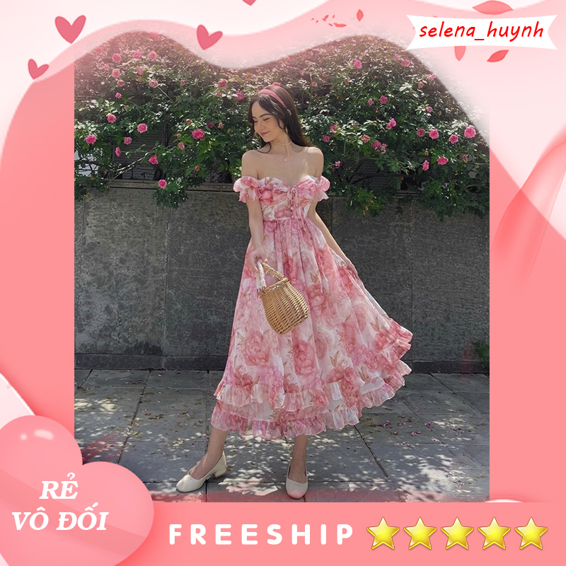 Đầm midi hoa rớt vai đan dây xòe tầng hồng