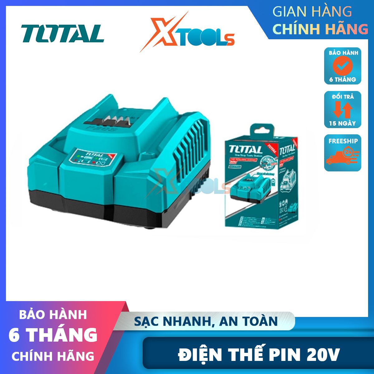 Đế sạc 20v total tfcli20411, cục sạc nhanh pin 20v/4.0ah trong 1 giờ, cạc pin 20v/2.0ah trong 30 phút, điện áp đầu vào định mức: 220v