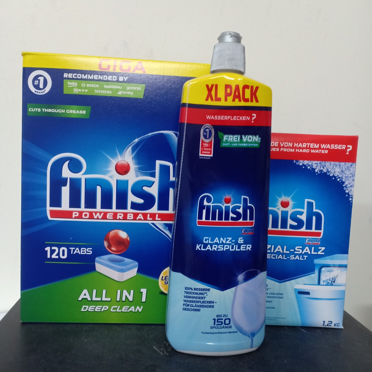 Viên rửa bát Finish all in 1 120V + muối rửa bát Finish 1.2kg + nước làm bóng Finish 750ml dùng cho máy rửa bát chén ly