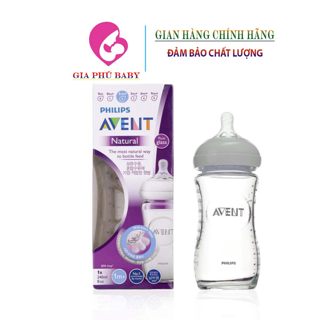 Bình sữa thủy tinh Philips Avent mô phỏng tự nhiên 240ml SCF673/13 ( bình đơn thủy tinh 240ml )