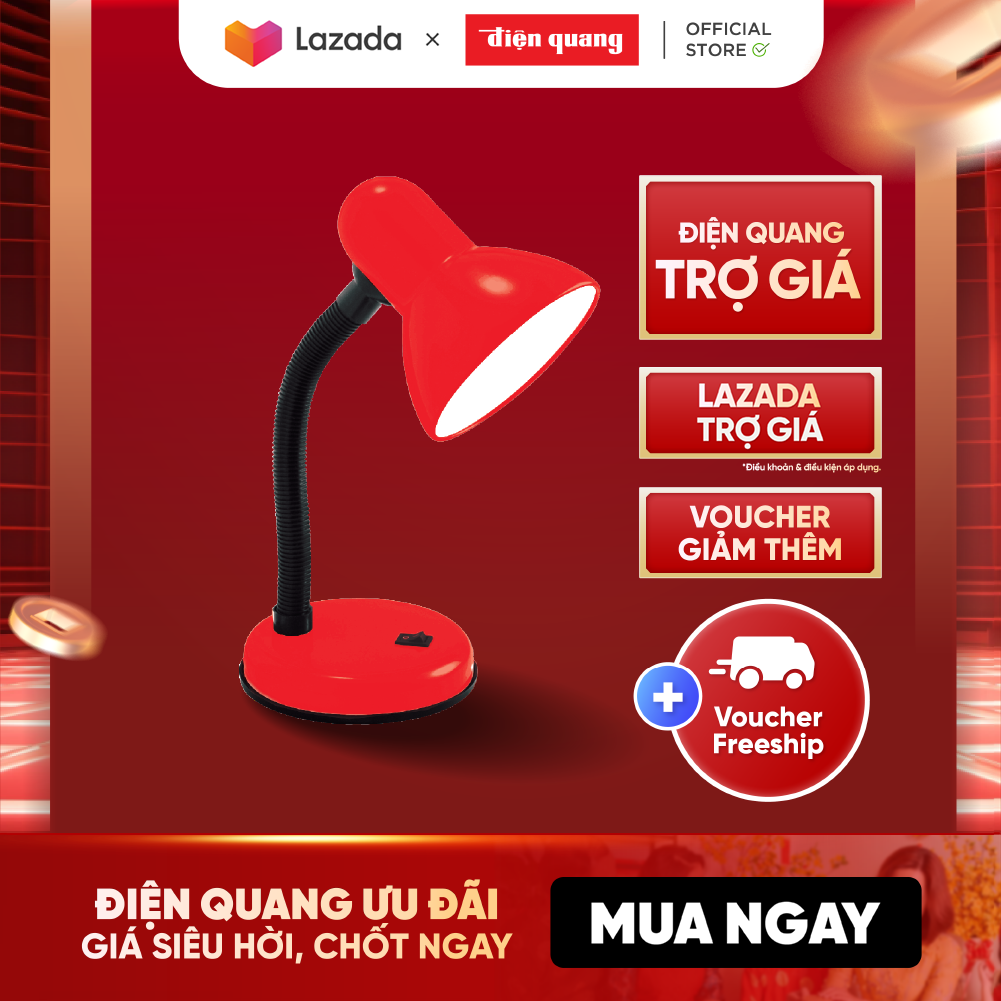  Đèn bàn Điện Quang ĐQ DKL03 B  chóa sắt đỏ đen có bóng đèn cắm điện trực tiếp  