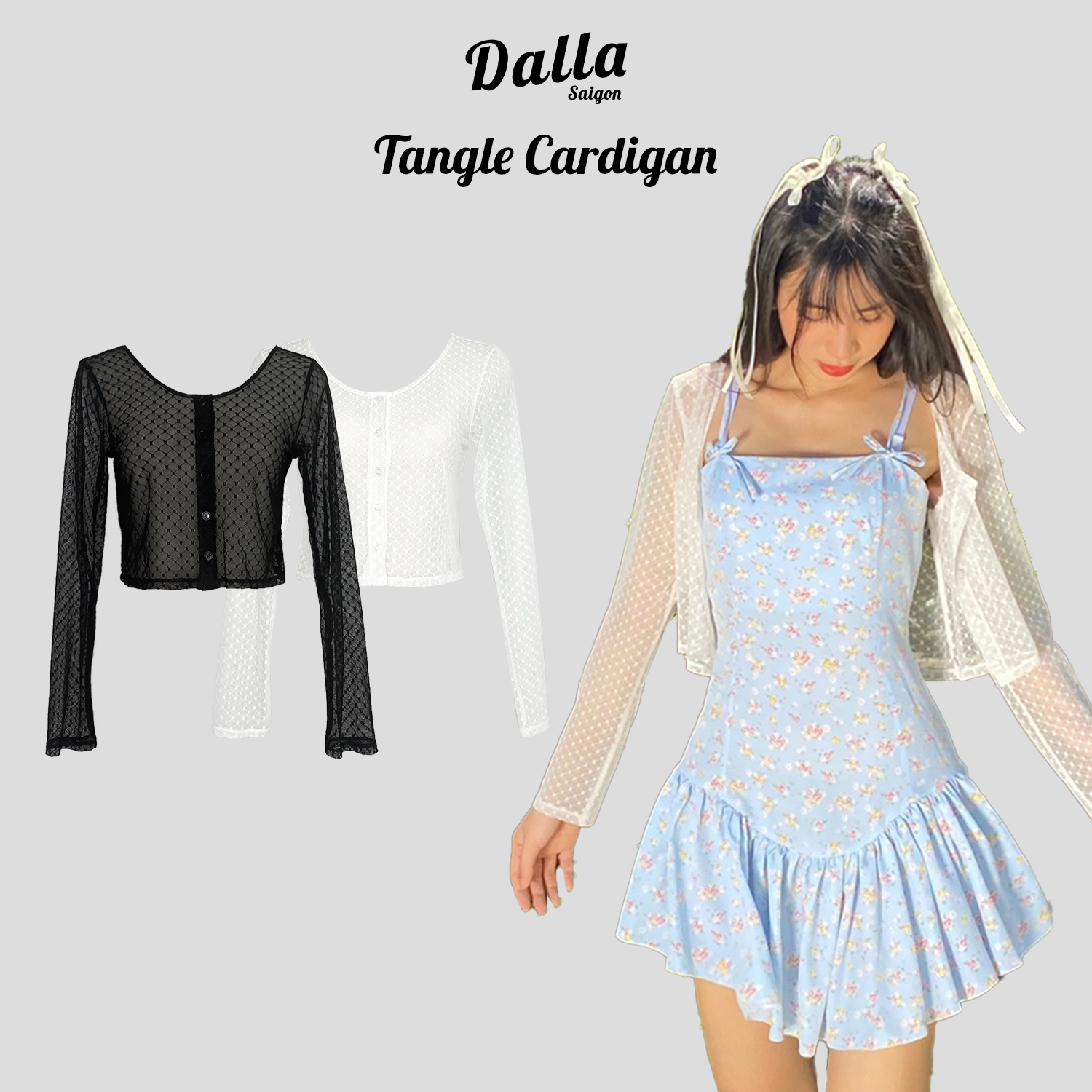 DALLA Áo cardigan tay dài ren lưới mỏng xuyên thấu