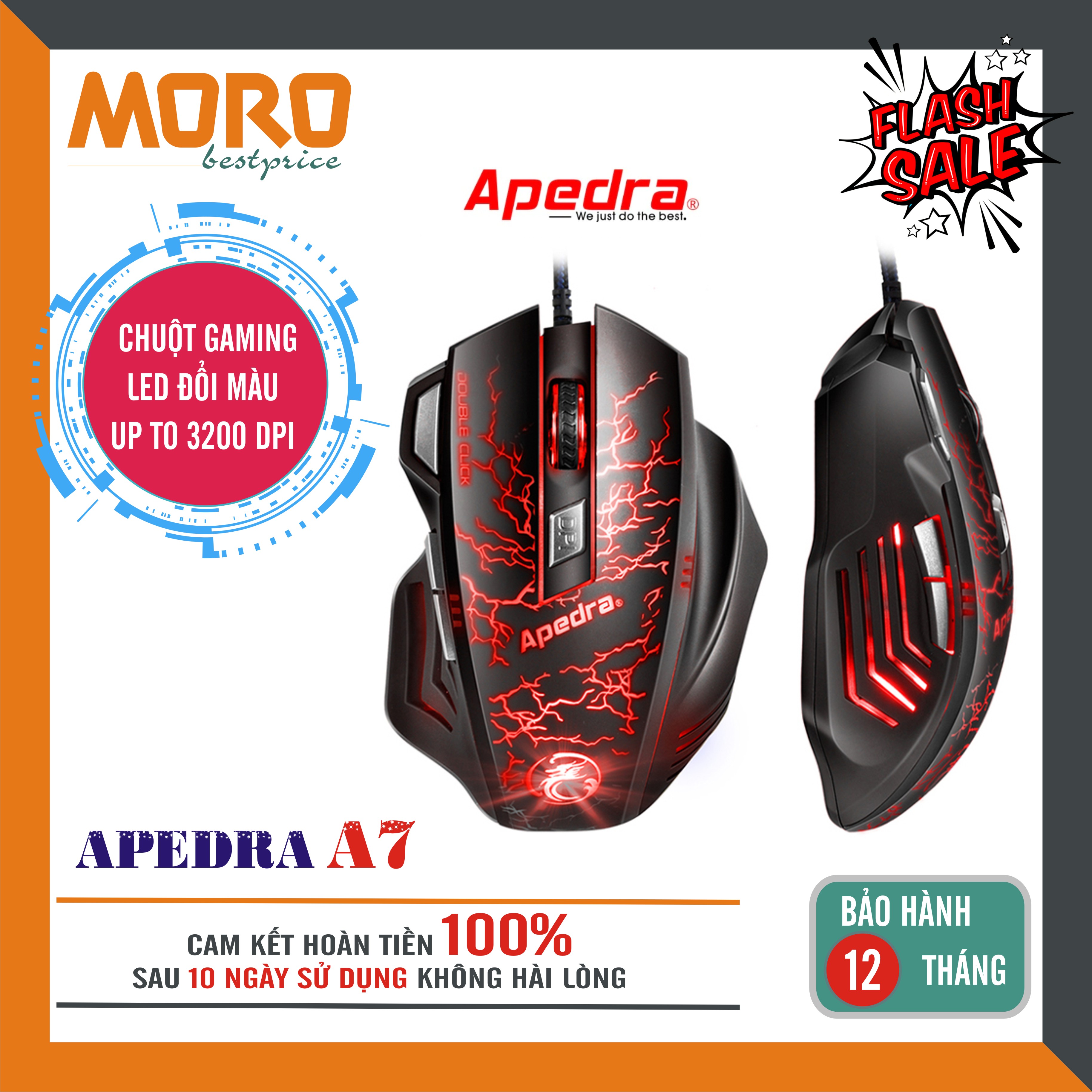 Chuột máy tính có dây gaming apedra a7 – led đổi màu cực đẹp – độ nhạy lên tới 3200 dpi