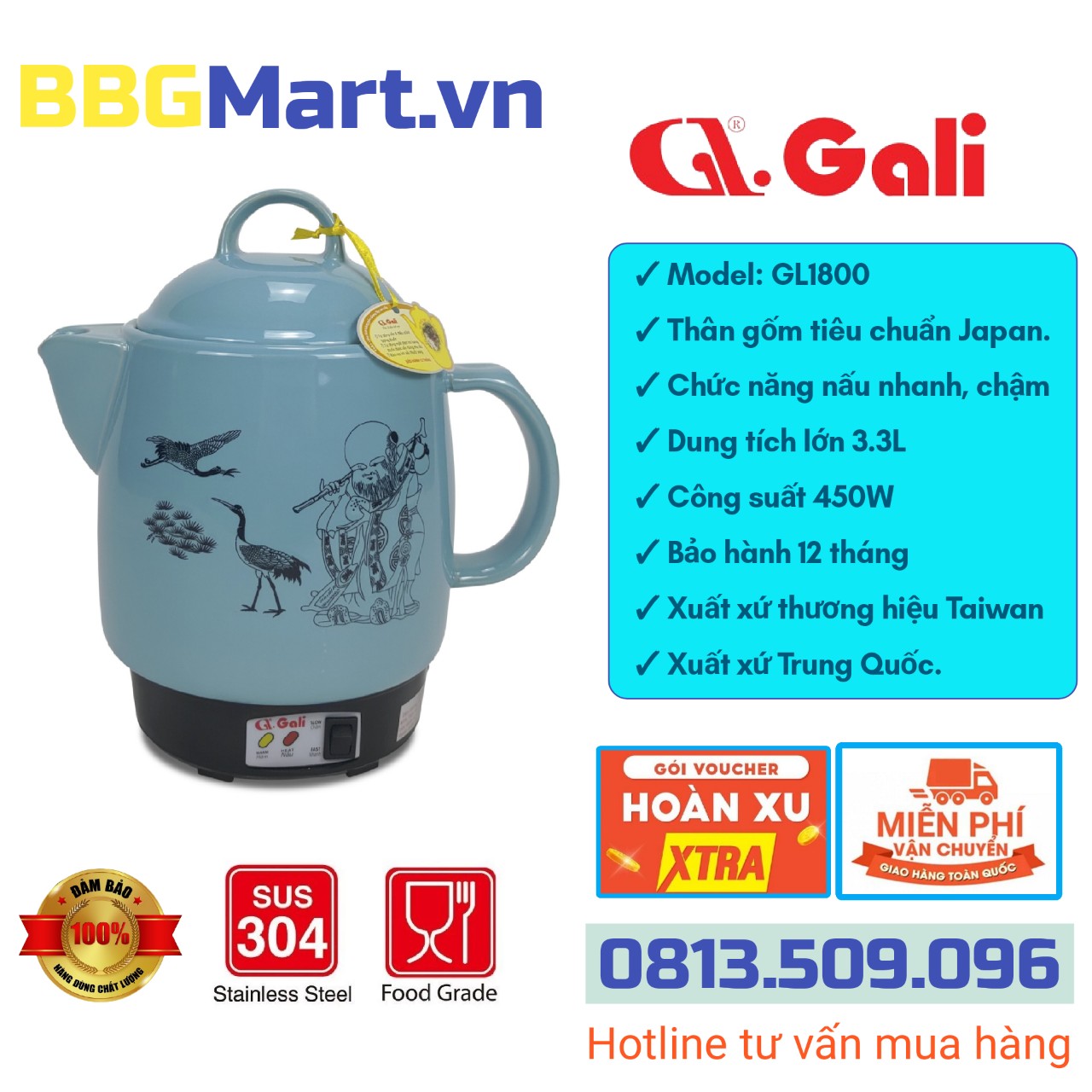 Ấm sắc thuốc gali gl-1800 3.3 lít