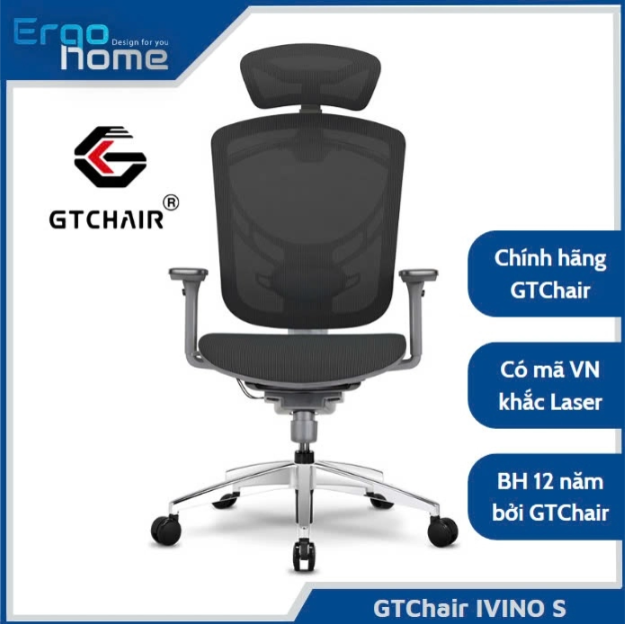 Ghế xoay văn phòng GTCHAIR IVINO M thiết kế công thái học giảm đau mỏi lưng, lưới thoáng mát - Ergohome phân phối chính hãng BH 12 năm