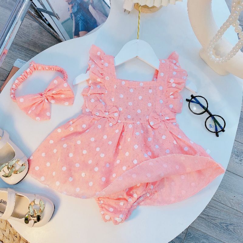 Body cánh tiên hồng chấm bi cho bé gái 5-15kg vải đũi ren thấm hút mồ hôi thoáng mát