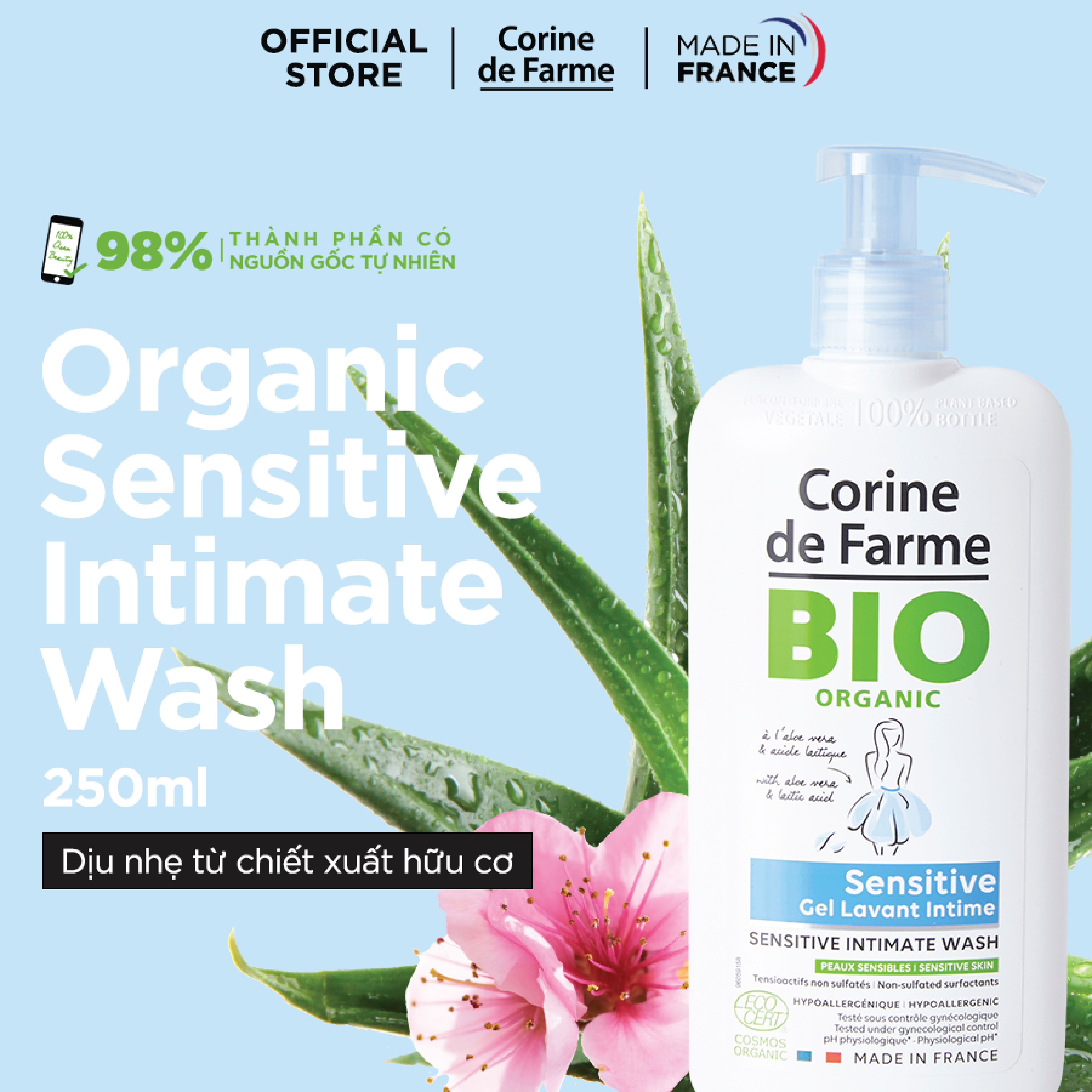Gel Vệ Sinh Phụ Nữ Hữu Cơ Corine de Farme Organic Sensitive Intimate Wash 250ml