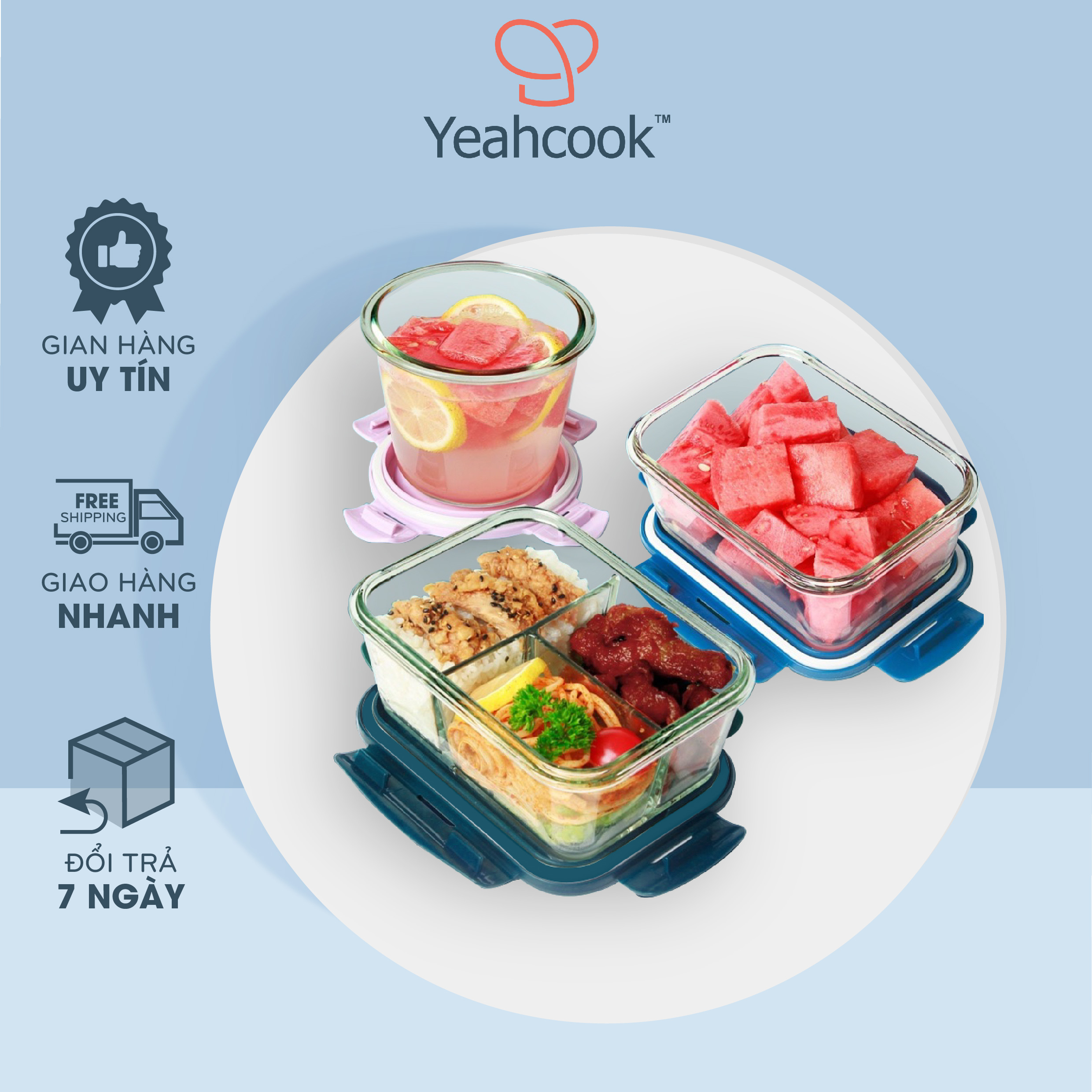 Hộp đựng cơm  thủy tinh chia ngăn Cao Cấp Yeahcook Glass Lunch Box