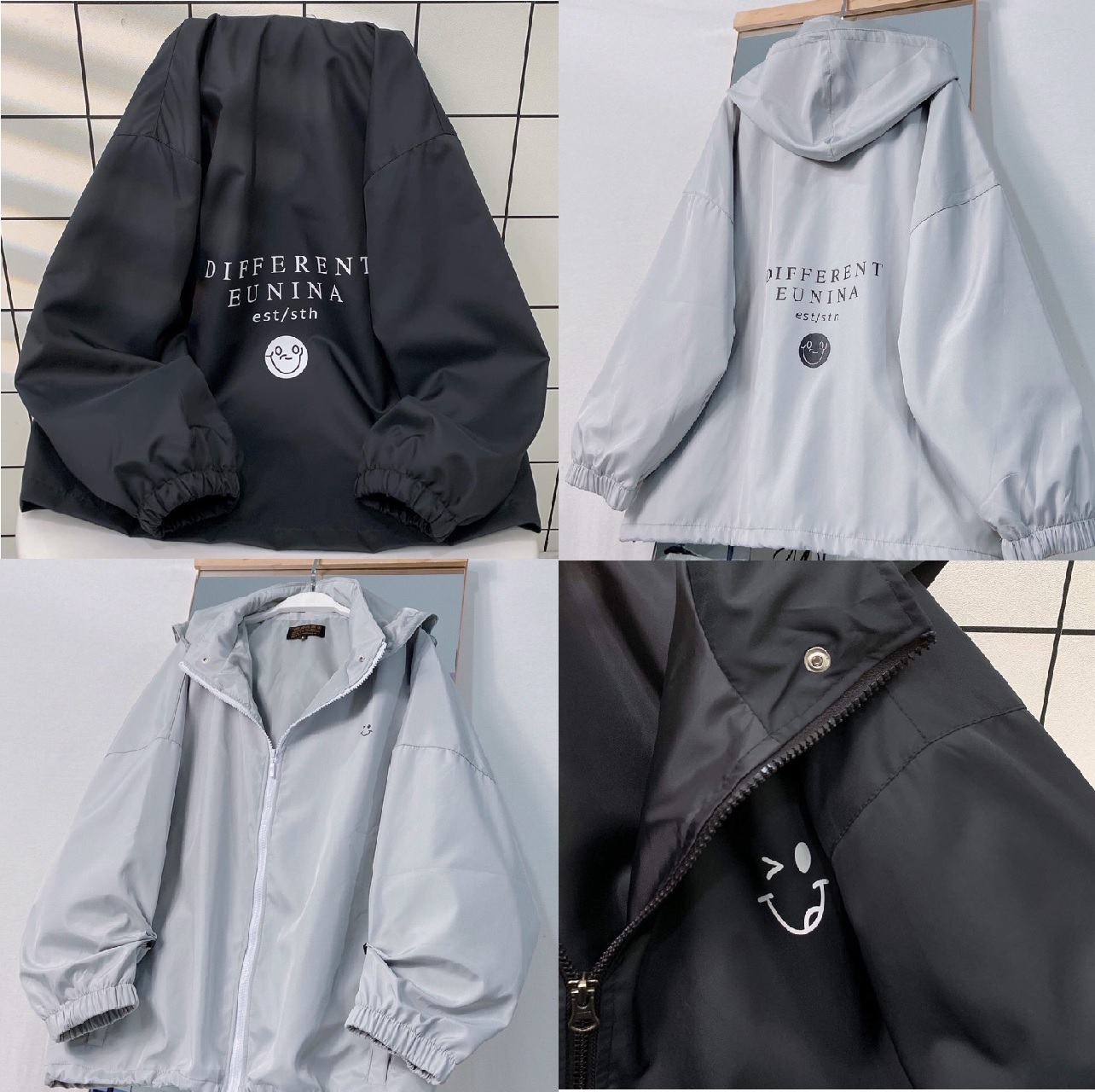 Áo Khoác Dù Jacket Form Rộng Khóa Kéo Thêu Logo Mặt Cười Ulzzang Unisex