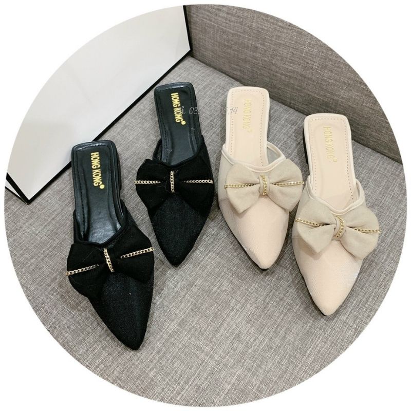 Sục nữ ♥️freeship♥️ dép sục nữ da mềm phối lưới đính nơ siêu xinh lm 67