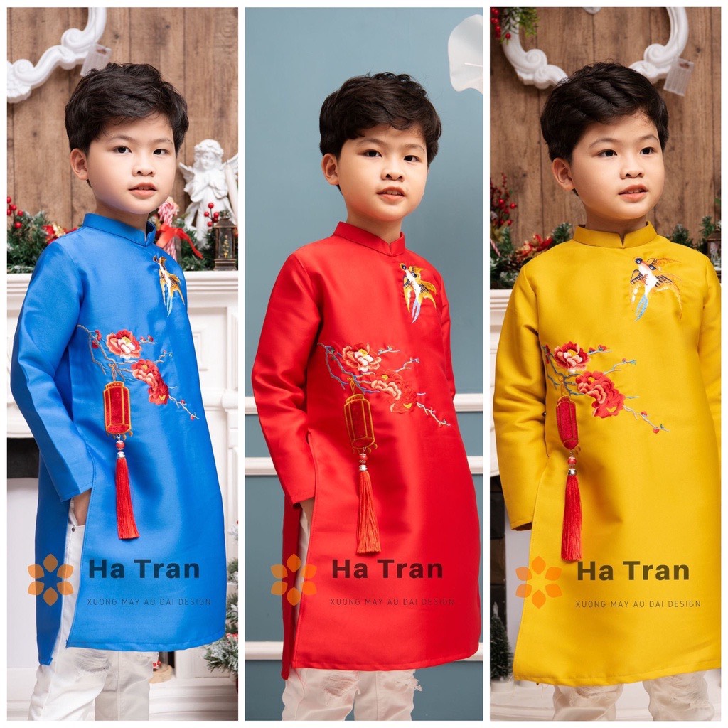Áo dài bé trai thêu đèn lồng 3 màu đỏ xanh vàng áo dài tết cho bé trai mặc đi chơi chụp ảnh lễ tết AODAIANLAC