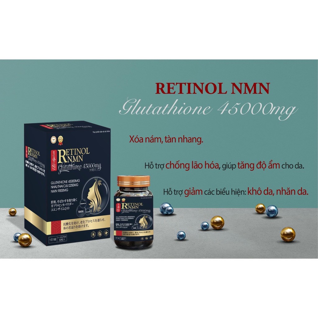 VIÊN UỐNG ĐẸP DA RETINOL NMN GLUTATHIONE 45000MG. GIÚP BỔ SUNG ĐỘ ẨM CHO DA, GIẢM NÁM, TÀN NHANG. HỘ