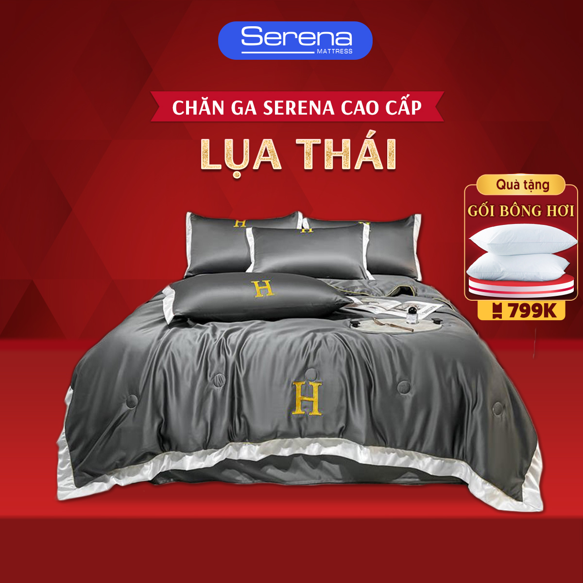 Ra nệm trải giường 5 món lụa thái SERENA chính hãng bộ vỏ chăn drap grap ga ra gối nệm đệm trải phủ bọc giường người lớn 5 món lụa thái trần bông mát lạnh đẹp cao cấp full - SERENA việt nam