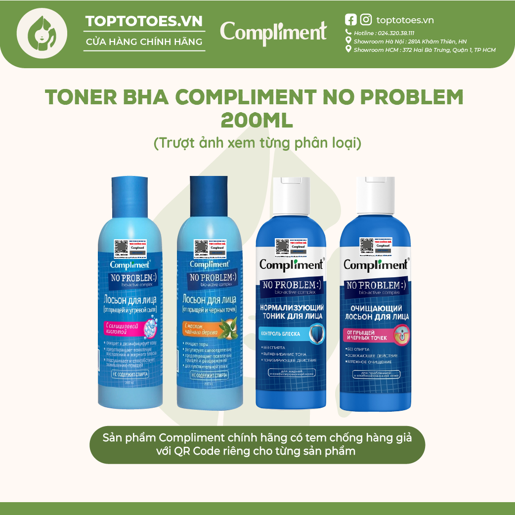 Toner BHA Compliment No Problem làm sạch sâu kiềm dầu giảm mụn mờ thâm 200ml