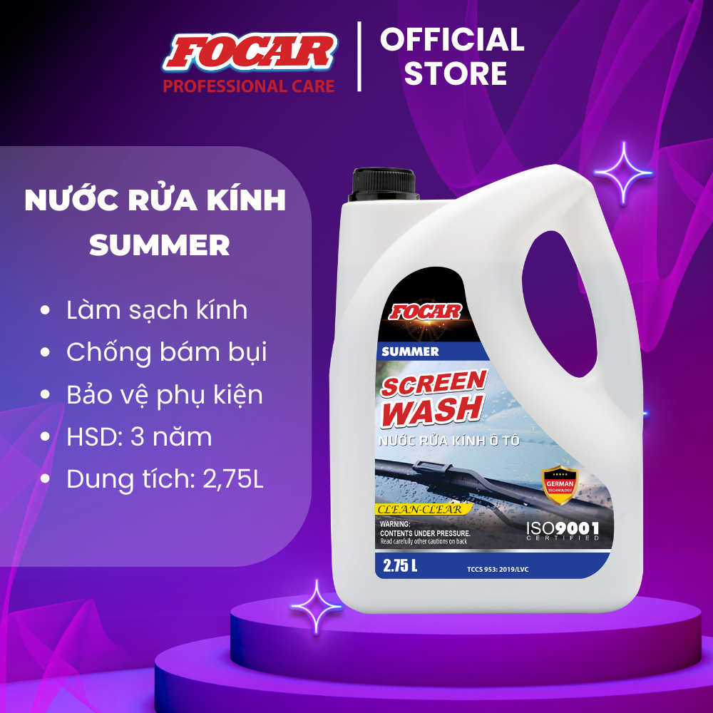 [CHẤN ĐỘNG] Nước rửa kính hồng Focar summer Screen wash 2,75L - Nước rửa kính ô tô, nước rửa kính xe hơi, nước rửa kính vệ sinh kính xe, nước lau kính xe hơi