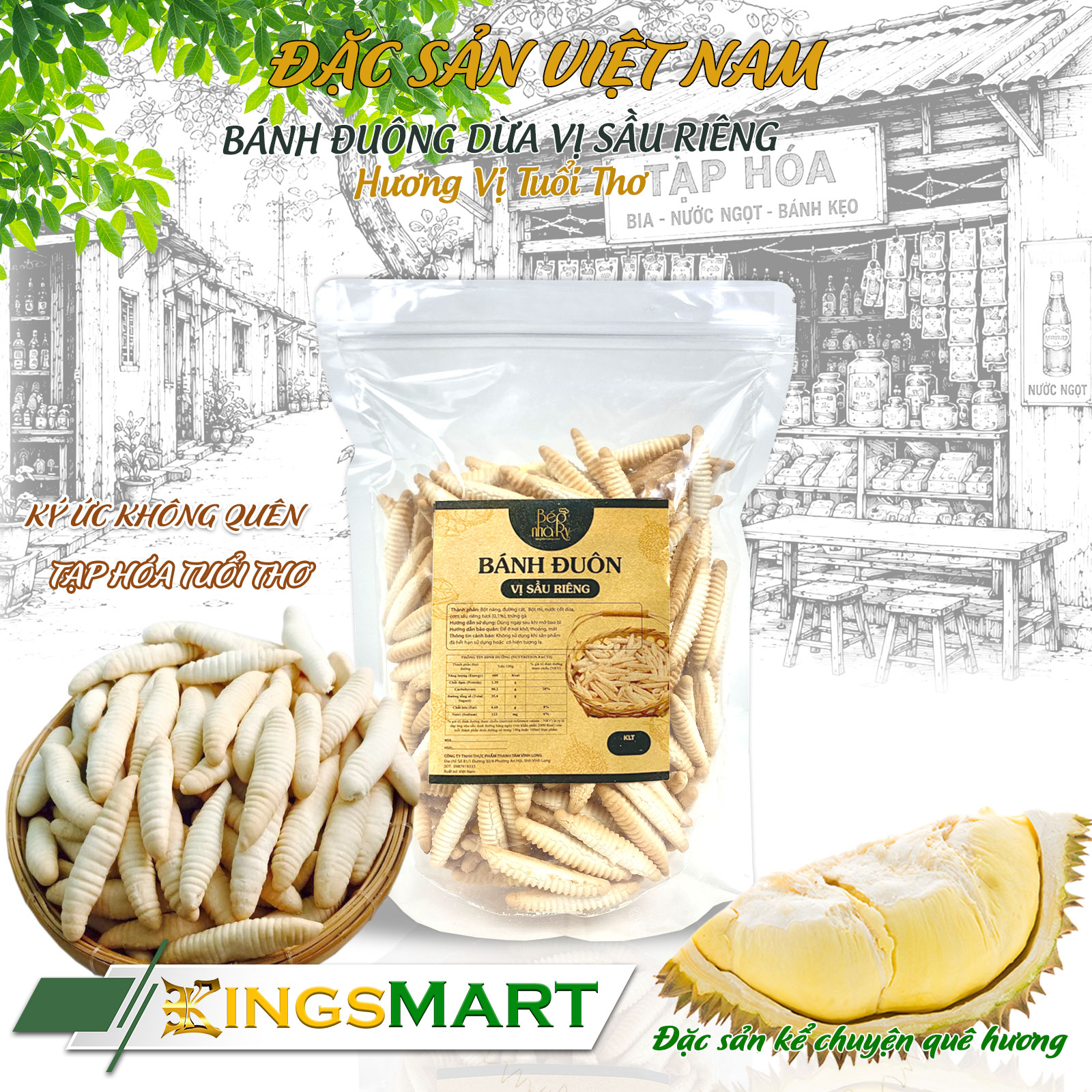 [Ăn là Ghiền] Bánh đuôn dừa sầu riêng - Thương hiệu LÒ BÁNH THANH TÂM - Đặc sản miền Tây - Túi 500g - Kingsmart
