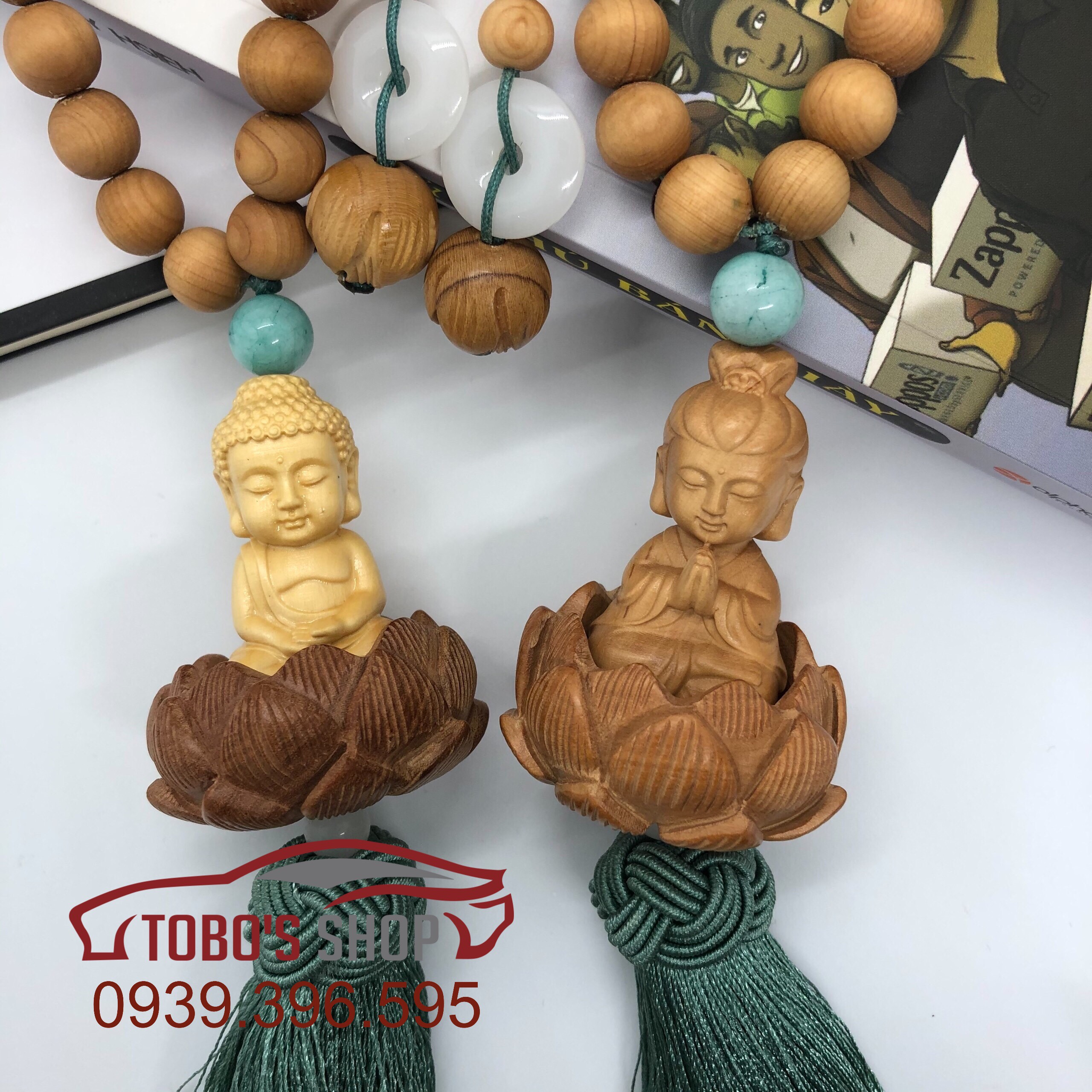 Dây treo xe ô tô phong thủy tượng Phật Quan Âm chất liệu Gỗ Hoàng Dương, Khánh treo xe trang trí, Phụ kiện treo trong xe oto