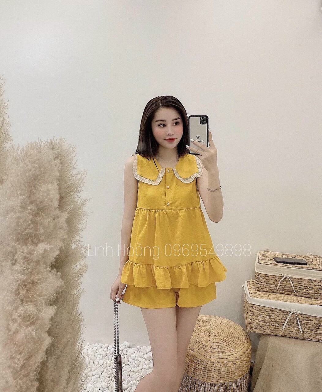 Set bộ đùi áo cổ sen phối viền trắng cài 3 nút xòe bèo thoải mái mặc ngày hè