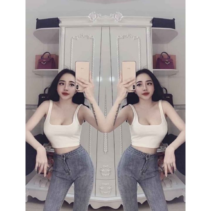 Áo croptop ba lỗ cổ chữ U phong cách thể thao cá tính