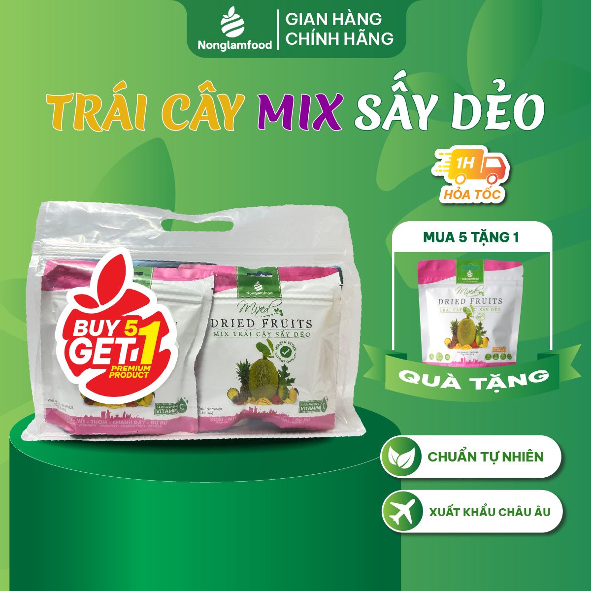 [Mua 5 tặng 1] Combo 5 túi Mix hỗn hợp trái cây sấy dẻo Nonglamfood túi 75g | Tăng cường chất xơ, đề kháng