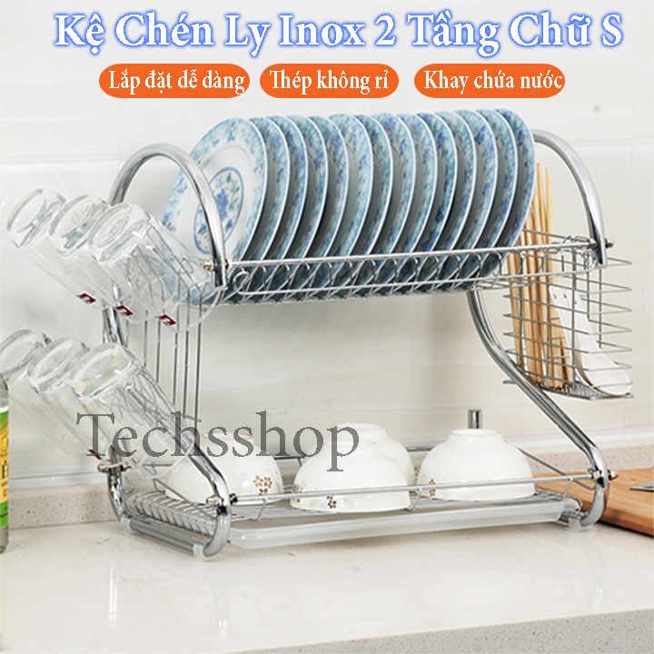 Kệ úp chén dĩa inox 2 tầng có khay chứa nước cao cấp - Rổ úp ly ráo nước - Kệ úp bát 2 tầng - Kệ úp nồi có khay đũa muỗng - Kệ để đồ nĩa - Kệ nhà bếp - Kệ sóng chén
