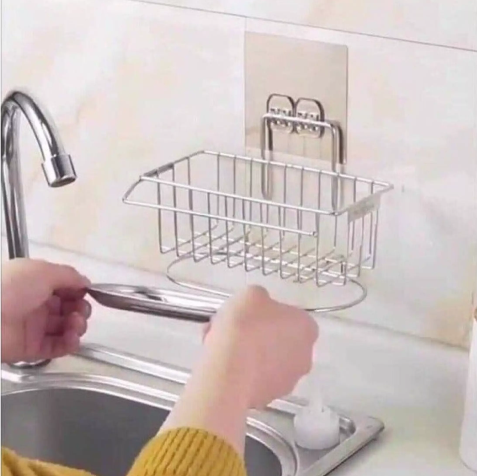 Kệ Đựng Miếng Rửa Chén Inox Có Khay Hứng Nước , Kệ Để Đồ Rửa Chén, Kệ giỏ inox đựng dụng cụ rửa chén bát dán tường kèm khay hứng nước