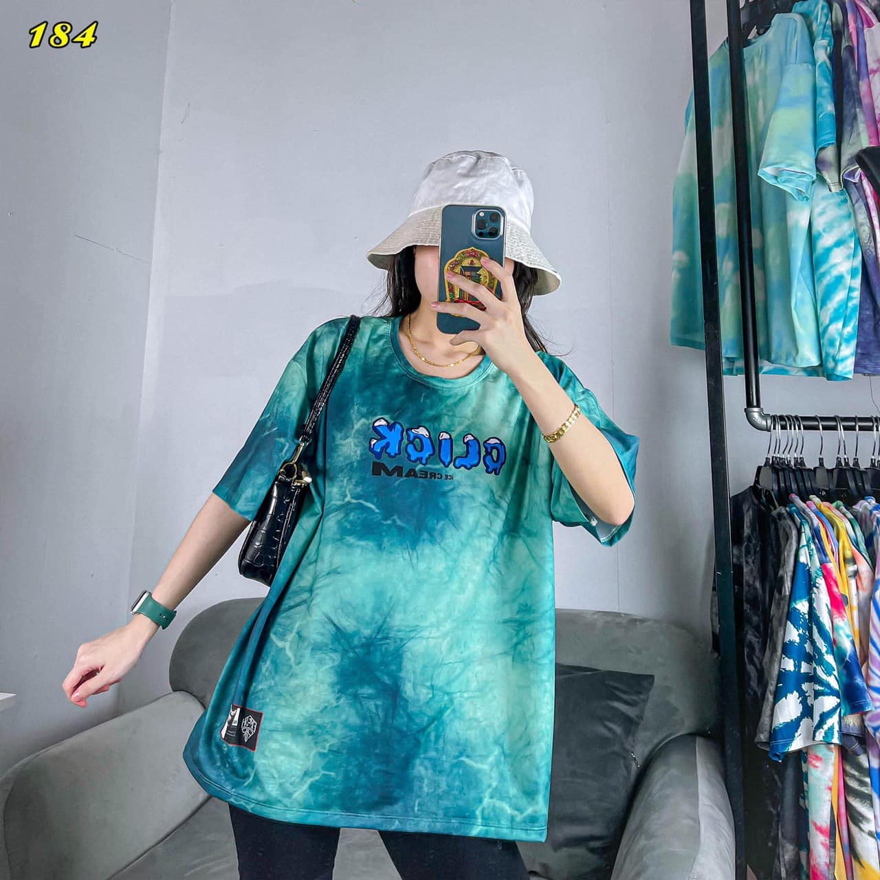Áo thun tay lỡ unisex loang màu xanh rêu in chữ CLICK NÚI cực chất