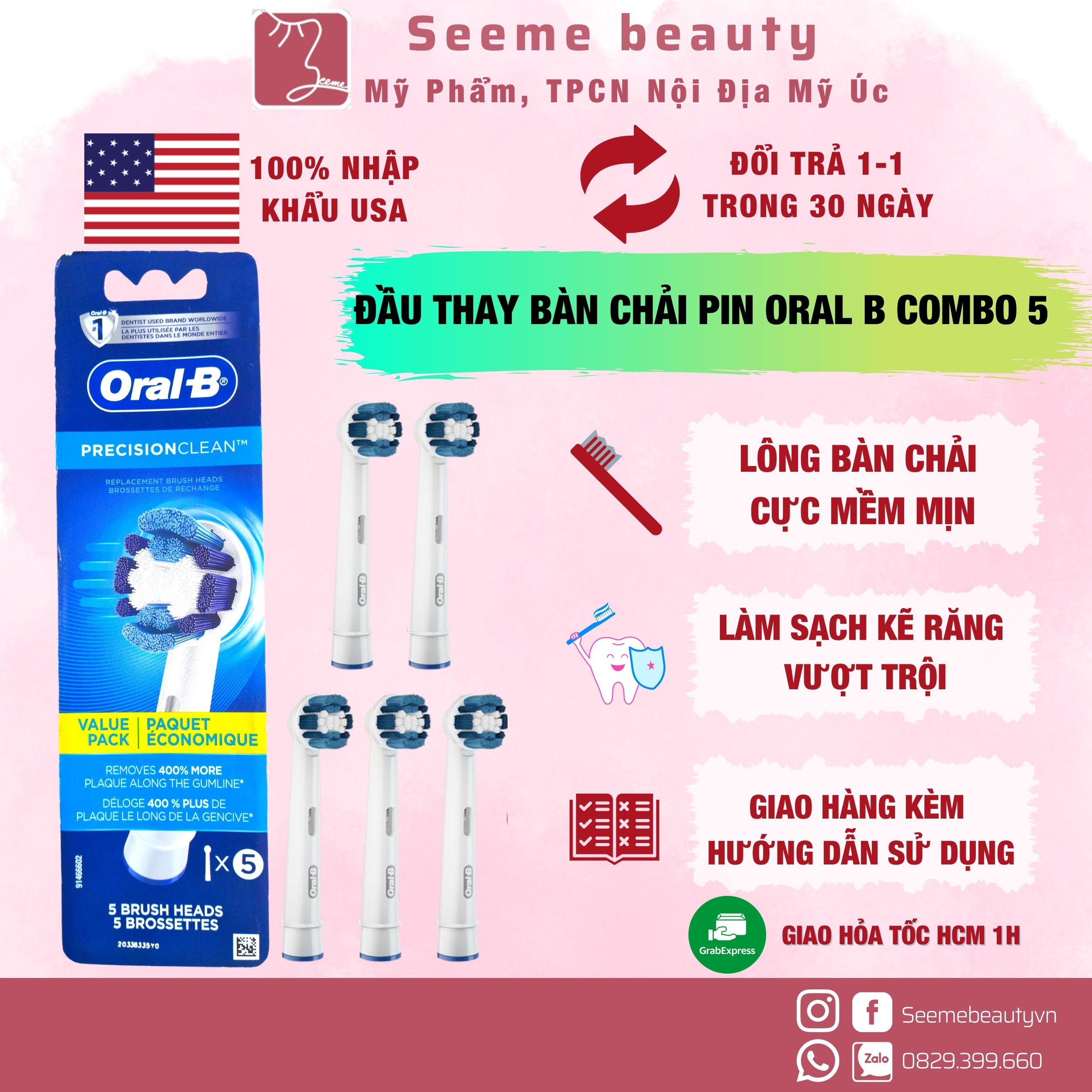 Đầu thay bàn chải pin oral b combo 5 đầu seeme beauty