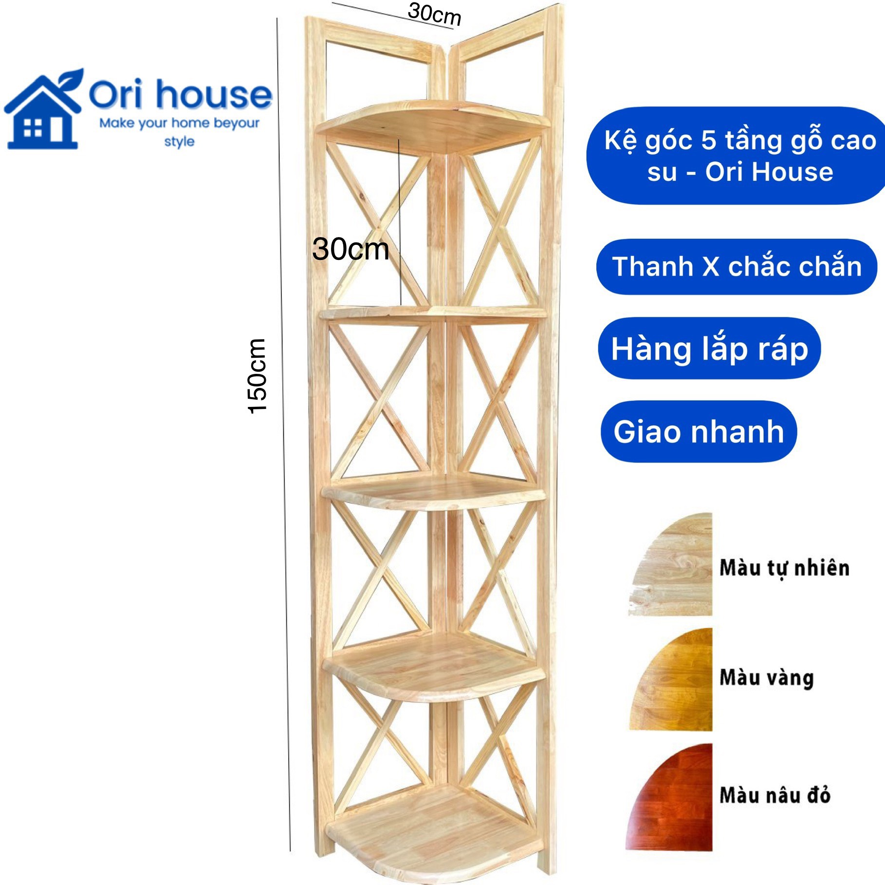 Kệ góc tường gỗ 5 tầng cao 150cm sâu 30cm - hàng lắp ráp
