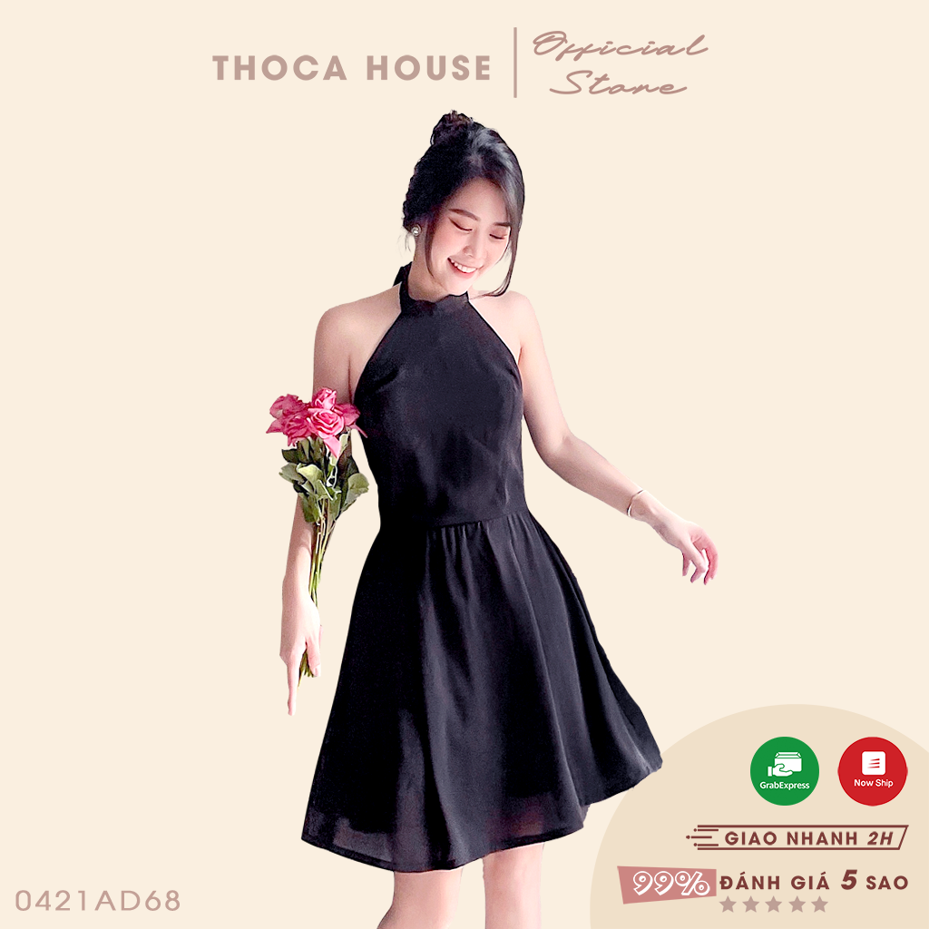 Đầm dự tiệc dáng xòe cổ yếm hở lưng trơn đen THOCA HOUSE sang trọng, gợi cảm tôn dáng xinh