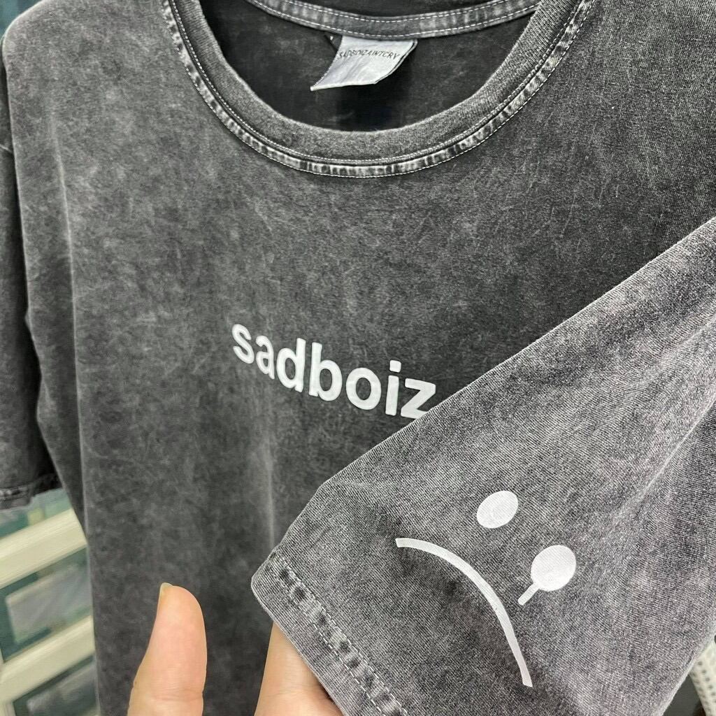 Full Tag Vải Hãng Áo thun tay lỡ SAD BOIZ Wash xám phông loang nam nữ oversize unisex form rộng